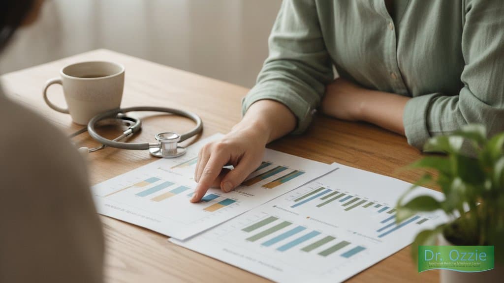 Functional medicine consultation — reviewing blood work results with a patient